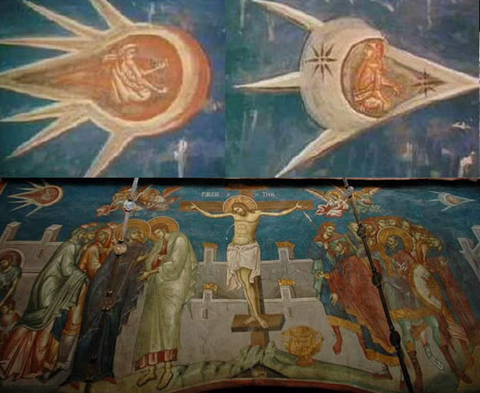 Painted in 1350, the Crucifixion painting showing one ufo chasing another ufo across the sky.