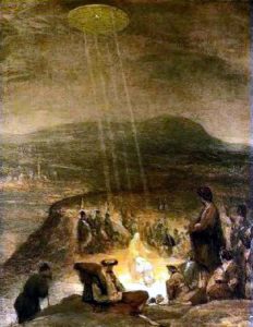 1710 painting of Baptism of Christ by Aert de Gelder showing UFO shining light on Christ.