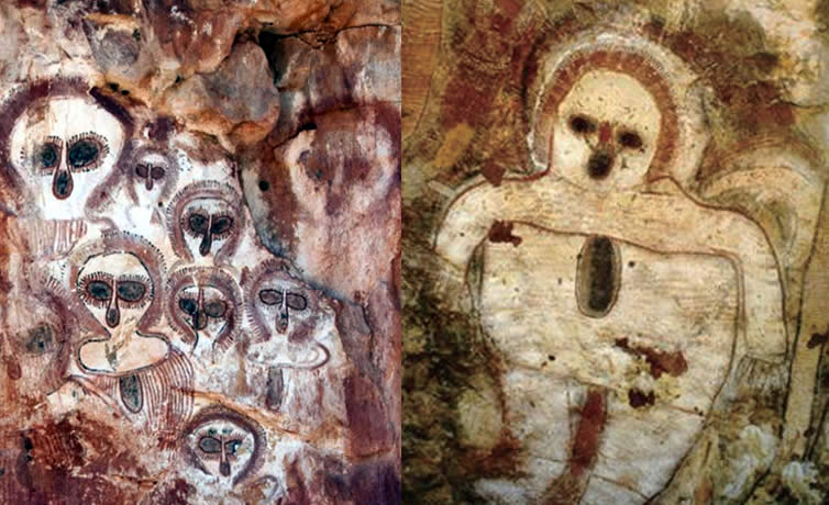 Wandjina cave painting from Kimberley Australia showing alien like figures.