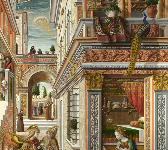 The Annunciation painting from 1486 by Carlo Crivelli, showing UFO beaming down light toward building.