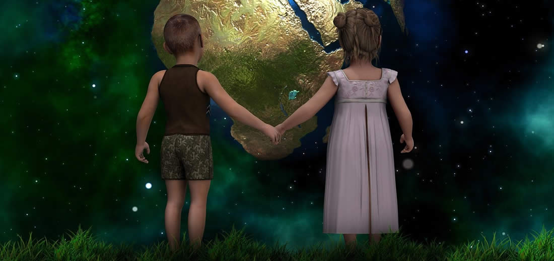 Fate of man - children holding hands looking at Earth