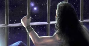 Human Exile Prison Planet Future prisoner of Earth - Man looking through bars of window into outer space.