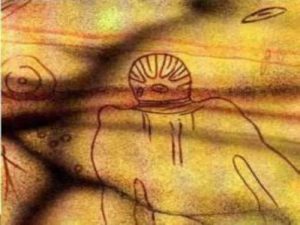 6,000 year old ancient cave painting from Tassili in the Sahara desert of North Africa, showing a being with what appears to be a spacesuit helmet.