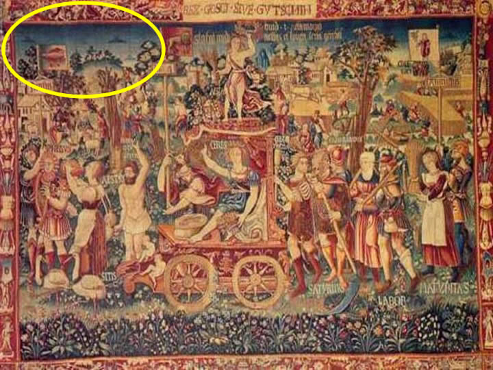1538 tapestry named Summer’s Triumph from the Bayerisches National Museum showing possible Unidentified Flying Objects.